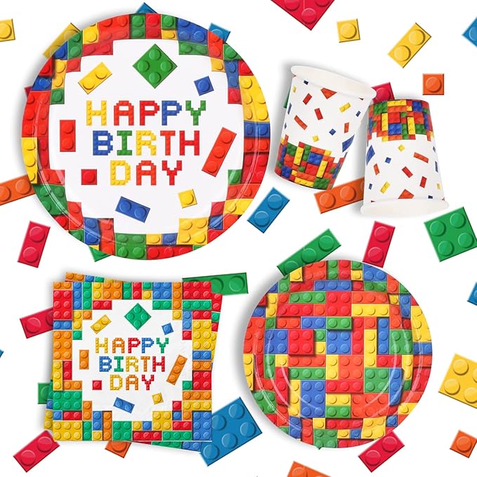 Building Block Party Supplies Paper Plates Napkins Cups Tablecloth Banner for Colorful Building Block Birthday Party Decorations for Boys, Kid’s Birthday Party Decorations Serve 25
