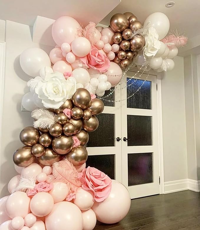 Pink and Gold Balloons, 12 Inch Pink White Metallic Chrome Gold Confetti Pink Latex Balloons with Ribbon Pink Gold Party Balloons Set for Girls Baby Shower Birthday Princess Party Decorations