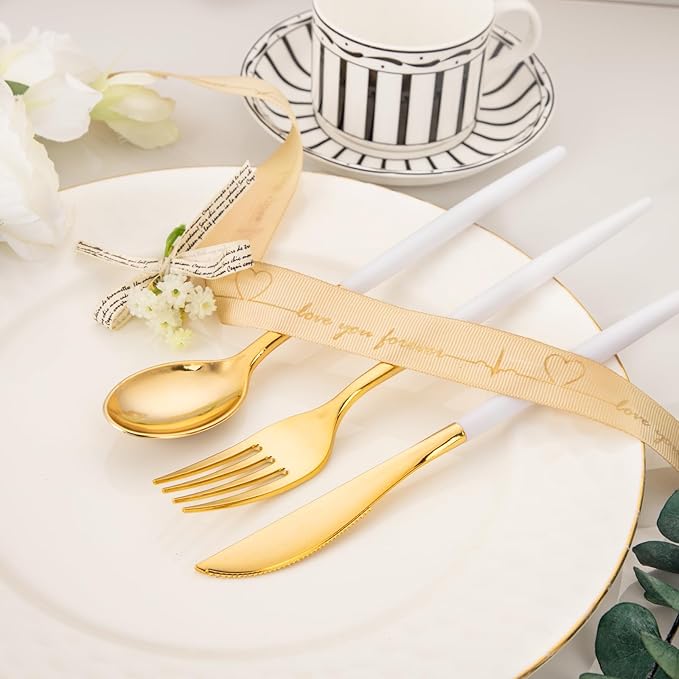 I00000 60 Pcs Gold Plastic Silverware - Heavy Duty Plastic Cutlery -Party Disposable Silverware Set，Disposable Cutlery Set Includes 20 Forks, 20 Knives, 20 Spoons Perfect for Wedding