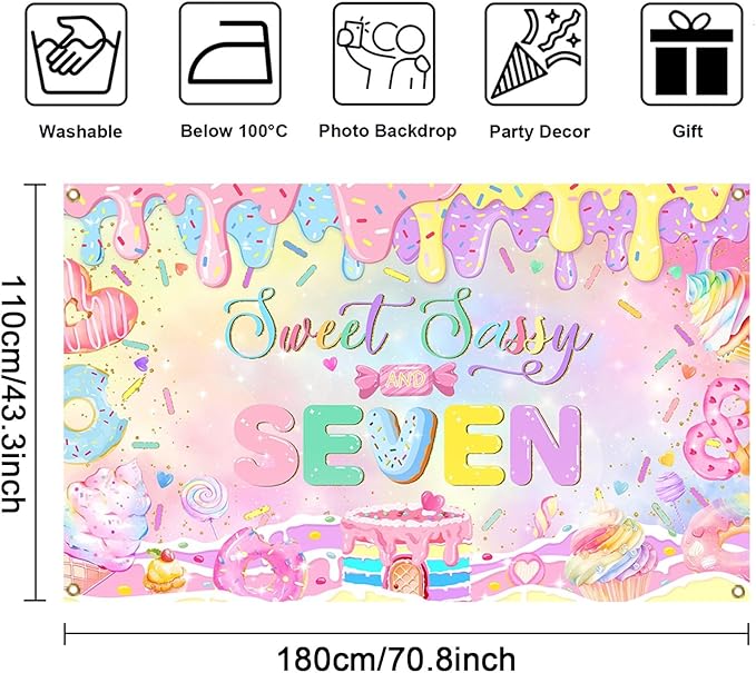 Mocsicka Donut 7th Birthday Banner Backdrop Sweet Sassy and Seven Birthday Party Decorations Banner for Girls Seven Birthday Party Banner for Phogography (Pink, 70.8x43.3 inch)