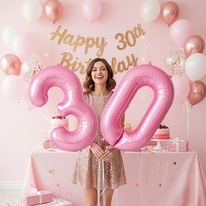 Pink Number 30 Balloons, Big Large Foil Number Balloons, Jumbo Giant Mylar Balloons for Birthday Party Decorations Supplies Anniversary (Number 30)