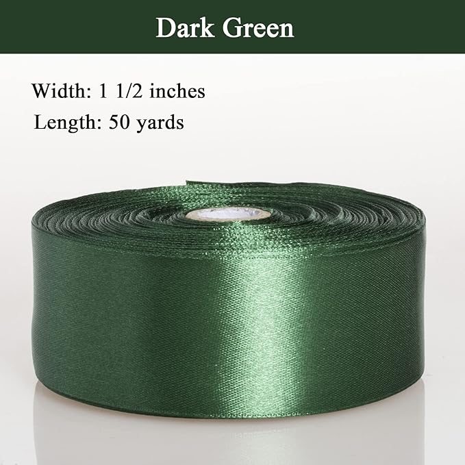 YASEO 1 1/2 Inch Dark Green Solid Satin Ribbon, 50 Yards Craft Fabric Ribbon for Gift Wrapping Floral Bouquets Wedding Party Decoration