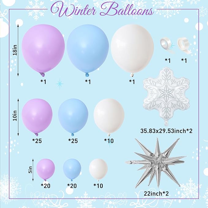 Winter Wonderland Balloon Arch Garland Kit, Baby Blue Purple Balloons with Spike Star Snowflake Foil Balloons for Ice Wonderland Christmas Baby Shower Snow Princess Birthday Party Decorations Supplies