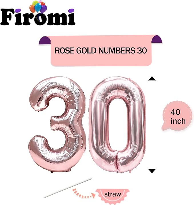 FIROMI 30 Foil Number Balloons Rose Gold 40-inch Big Giant Jumbo Mylar 30 Balloon Numbers for 30th Birthday Party Anniversary Decorations