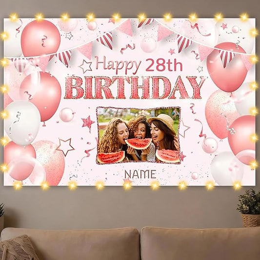 Custom Pink and Rose Gold Happy Birthday Party Decorations Supplies Birthday Party Backdrop for Women and Girls，Personalization Happy Birthday Banner Background