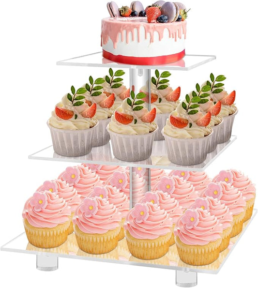 YestBuy Cupcake Stand, 3 Tier Cupcake Stand for 24 Cupcakes, Clear Acrylic Cupcake Tower, Cupcake Display Stand for Dessert Table, Muffin Holder for Party