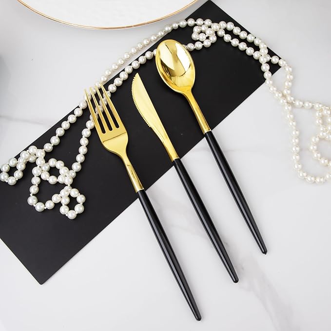 I00000 300Pcs Black Plastic Silverware, Happy New Year Gold Disposable Silverware, Black and Gold Plastic Utensils Include 100 Forks 100 Knives 100 Spoons,Disposable Cutlery for Wedding