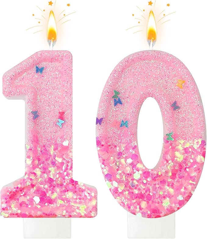 Pink Sequin Birthday Candles, Cake Number Candles, Girls 0th Birthday Decorations, Suitable for Birthday Parties, Anniversary Party Decorations(10)