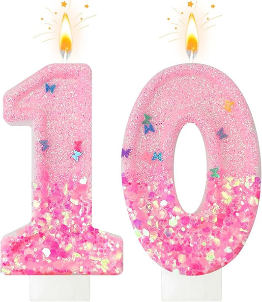 Pink Sequin Birthday Candles, Cake Number Candles, Girls 0th Birthday Decorations, Suitable for Birthday Parties, Anniversary Party Decorations(10)