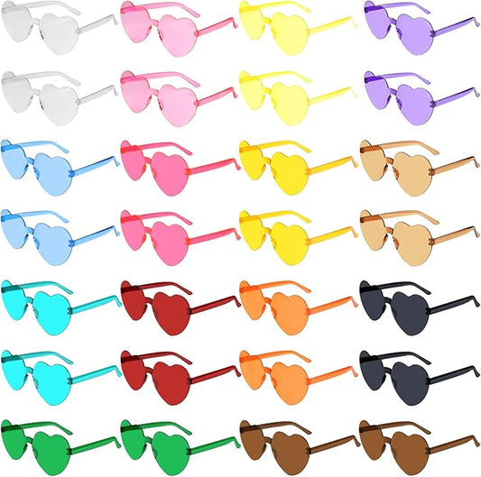28 Pack Heart Shaped Sunglasses for Women Rimless Heart Glasses Bulk Mardi Gras Candy Color Sunglasses for Party
