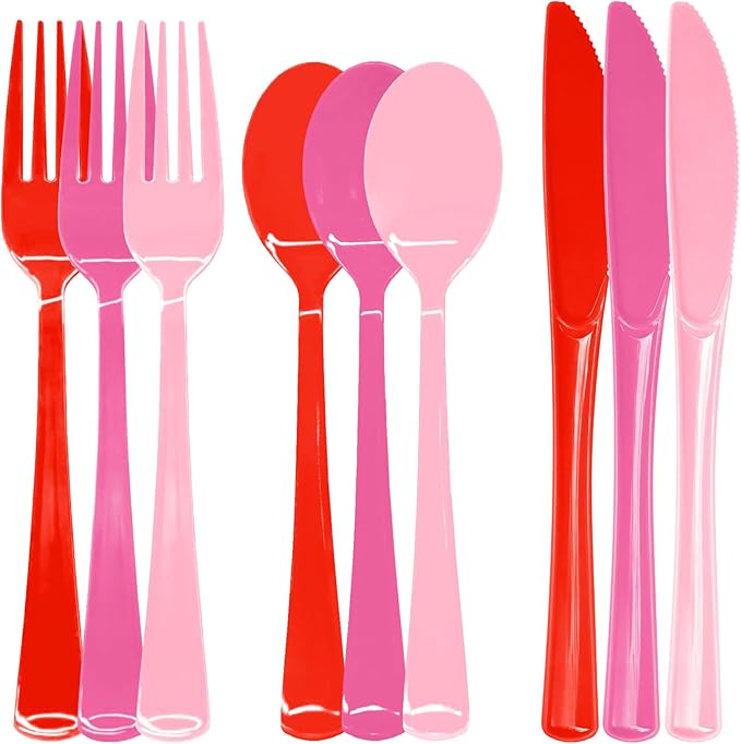 153 Pcs Valentine's Day Plastic Silverware Heavy Duty Disposable Tableware Sets Includes Spoons Forks Knives for Valentine's Day Party Decorations (Pink, Hot Pink, Red)