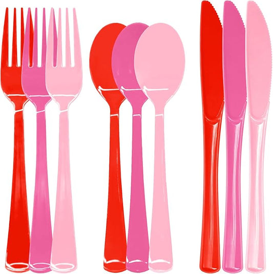 153 Pcs Valentine's Day Plastic Silverware Heavy Duty Disposable Tableware Sets Includes Spoons Forks Knives for Valentine's Day Party Decorations (Pink, Hot Pink, Red)