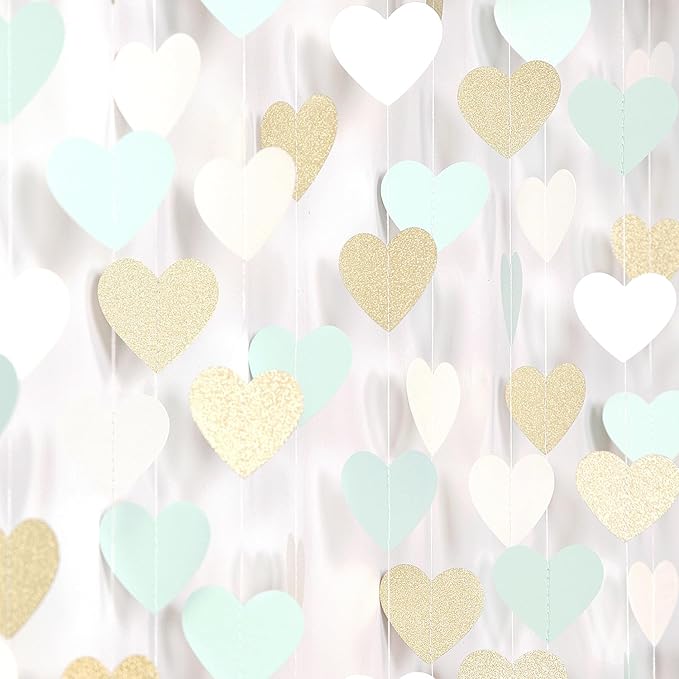 Sage-Green Gold Tea Party Decorations Heart Garland - 52Ft Garden Forest Baby Bridal Shower Birthday Mint Hanging Streamers Banner Decor,Wedding Bachelorette Engagement Graduation Backdrop Huglony