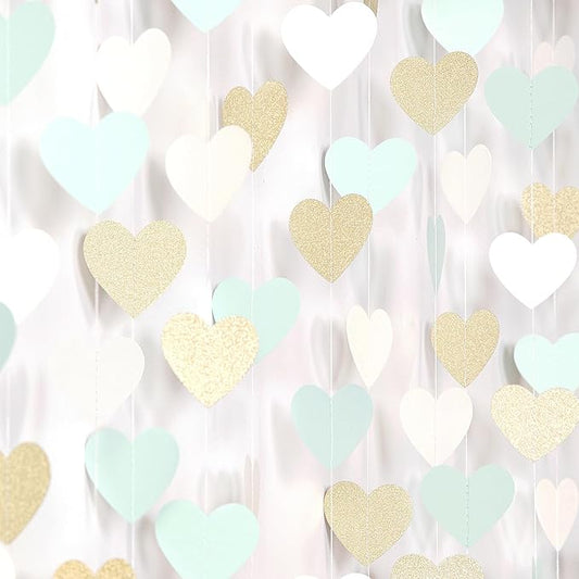 Sage-Green Gold Tea Party Decorations Heart Garland - 52Ft Garden Forest Baby Bridal Shower Birthday Mint Hanging Streamers Banner Decor,Wedding Bachelorette Engagement Graduation Backdrop Huglony