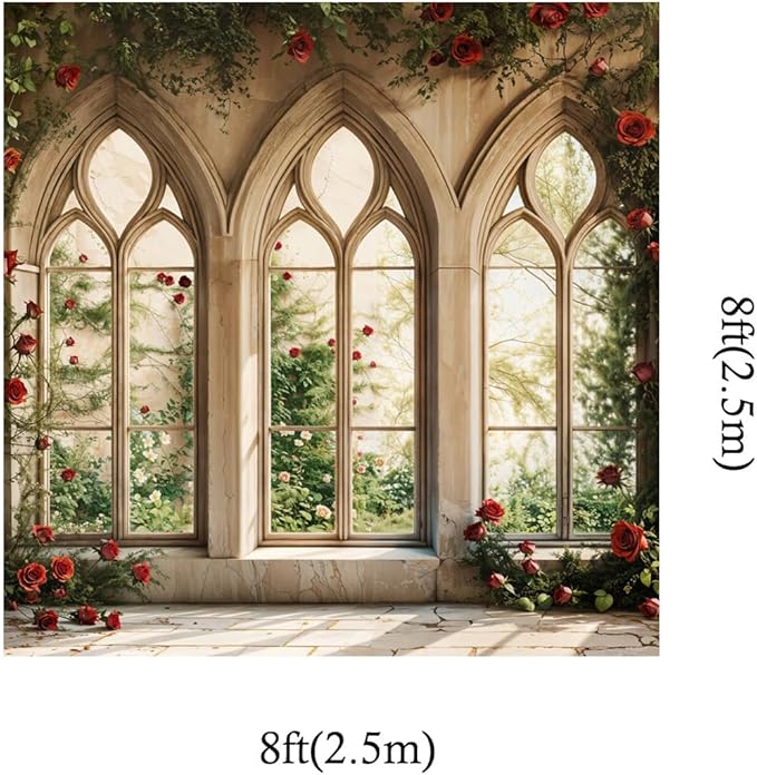 Kate 8x8ft Gothic Window Red Rose Backdrop Vintage Floral Castle Arched Window Photo Background for Wedding Bridal Shower Birthday Party Photoshoot Decor