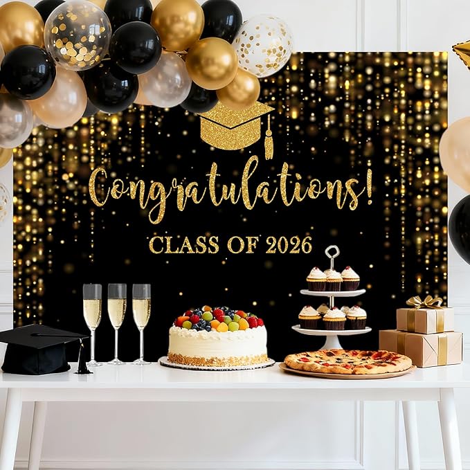 Mocsicka Class of 2026 Backdrop Black Gold Glitter Bokeh Graduation Party Background 2026 Congrats Grad Prom Party Decoration Photo Booth Props (7x5ft)