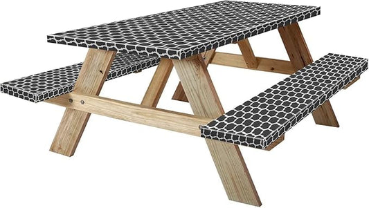 6ft Picnic Table and Bench Cover, Camping Essentials RV Gear, 72 in Waterproof Windproof Outdoor Elastic All Around Tablecloth, Fitted Rectangle Tables and Seats, Black-White Moroccan