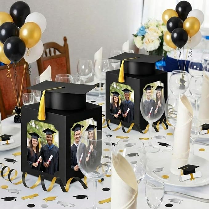 Spiareal 6 Pcs Black Graduation Table Centerpieces Box with Hat, 6/7 Inch Picture Box Centerpieces for Table Photo Props Frame Congrats Grad Decorations for Graduation Wedding