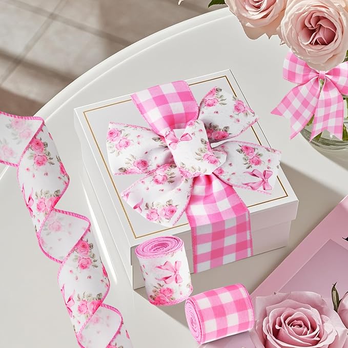 Pink Rose Wired Ribbon Set, 2 Rolls 2.5 Inch x 10 Yards Total, Floral Buffalo Plaid Wired Edge Ribbon for Wreaths, Bows, Gift Wrapping, Wedding Decor, Spring Summer Crafts, Mother's Day Decor