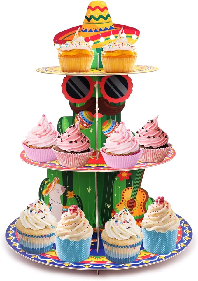 Fiesta Party Decorations 3 Tier Mexican Cupcake Stand Cinco De Mayo Cupcake Stand Taco Birthday Party Supplies Fiesta Cactus Dessert Holder Display for Baby Shower Decorations