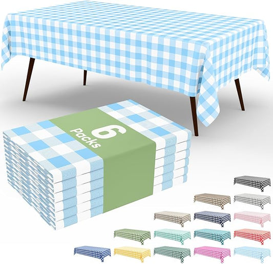 Smiry 6 Pack Baby Bule Gingham Disposable Tablecloths - 54" x 108" Heavy Duty Plastic Table Cloth, Waterproof Buffalo Plaid Table Covers for Picnic, Banquets, Parties