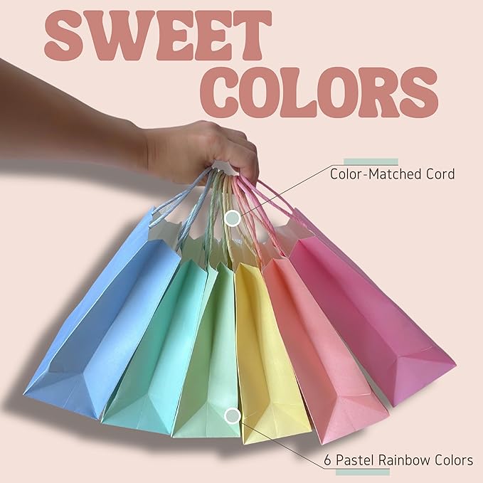 Bon et Beau Pastel Rainbow Paper Gift Bags 30 Packs - 6 Assorted Colors, 5.9 x 8.25 x 3.15 Inch Small Kraft Paper Party Favor Bags with Handles Perfect for Birthdays, Baby Showers, Weddings, and Holiday Parties
