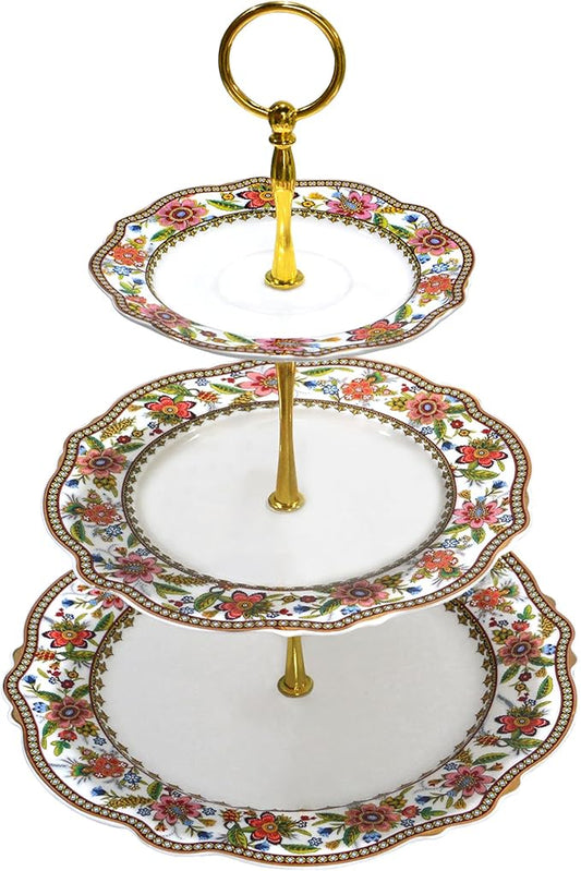 ACMLIFE 3 Tier Cupcake Stands for Dessert Table, Vintage Floral Round Cupcake Stand, Bone China Cake and Cupcake Stand for Party, Birthday, Weddings, Pink
