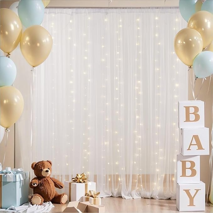 30x10ft White Tulle Backdrop Curtain with Lights String for Parites, Sheer Backdrop Curtains for Wedding Baby Shower Birthday Party Photo Shoot Decorations