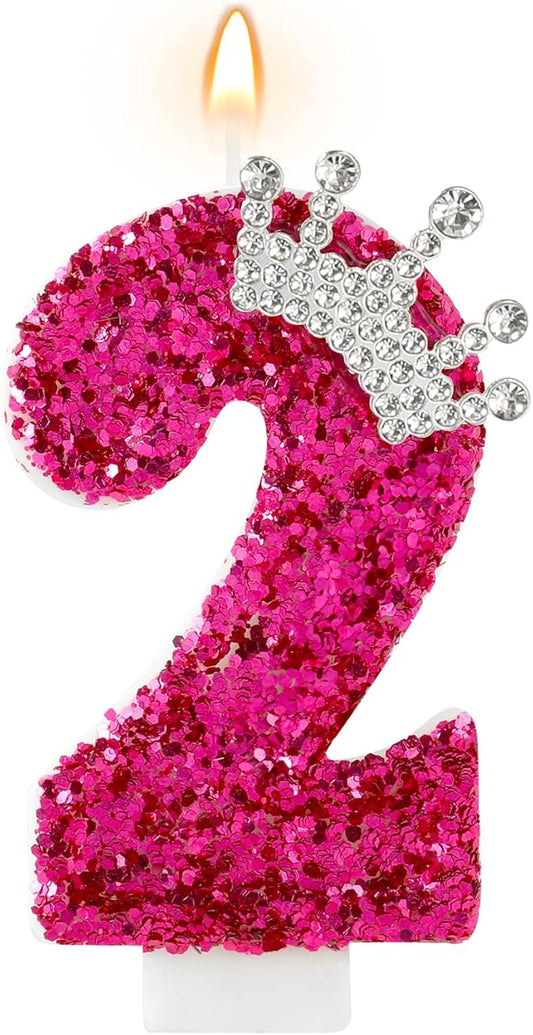 AKURIEEY Hot Pink Birthday Candles Crown Number 2 Candle Birthday Party Decorations Cake Topper Cupcake Decor for Anniversary Celebrations Supplies