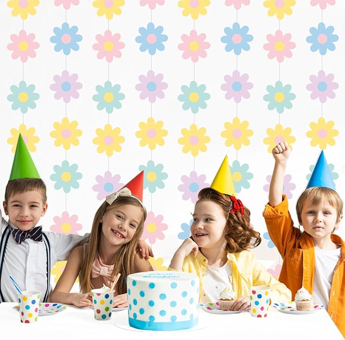 Pasimy 8 Pcs Daisy Boho Party Decorations Groovy Daisy Paper Garlands White Flower Hanging Garland Banner Hippie Flower Cutouts for Birthday Shower Wedding Party Favor Supplies(Groovy,Pastel)