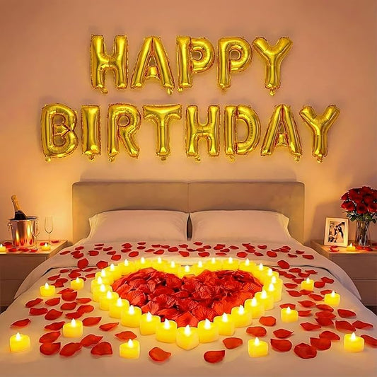 Red and Gold Happy Birthday Balloons Decorations Happy Birthday Letter Balloons Banner Set 24pcs Heart Flameless LED Candles 2000pcs Artificial Rose Petals for Women Men Room Party Decor