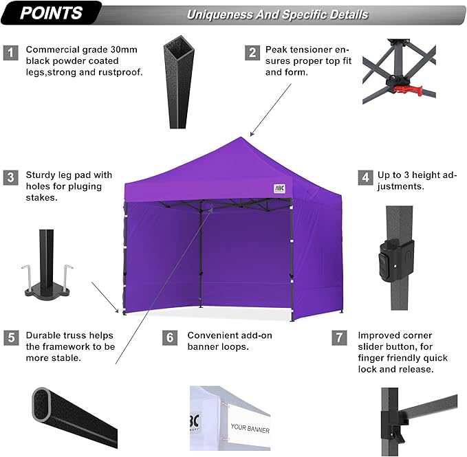 ABCCANOPY Heavy Duty Easy Pop up Canopy Tent with Sidewalls 10x10, Purple