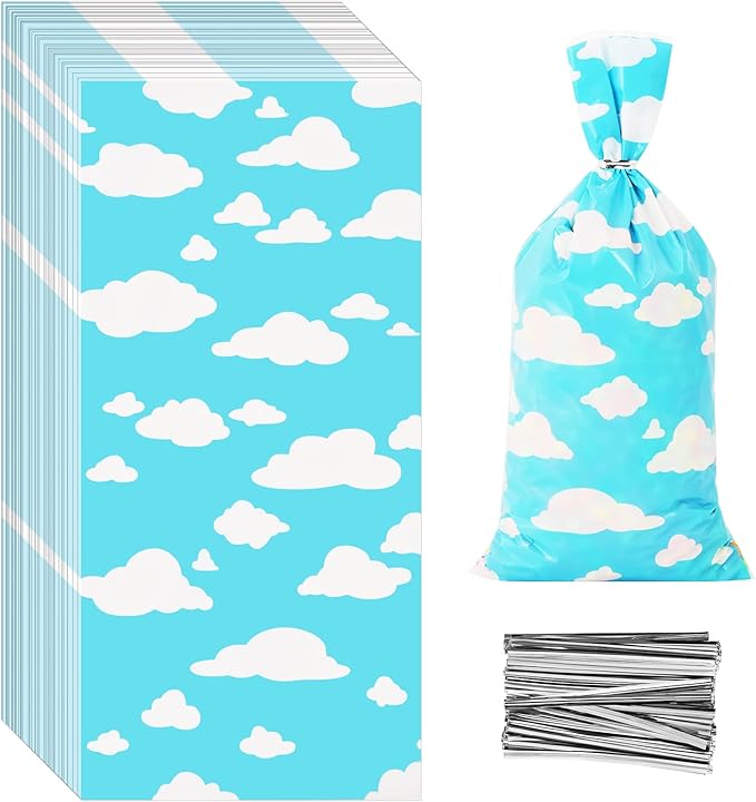 Lecferrarc 100 Pcs Blue Sky White Clouds Treat Bags White Clouds Print Cellophane Candy Bags Cartoon Story Party Favors with Twist Ties for Birthday Party Baby Shower Supplies