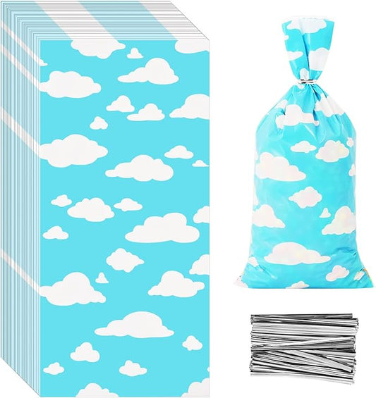 Lecferrarc 100 Pcs Blue Sky White Clouds Treat Bags White Clouds Print Cellophane Candy Bags Cartoon Story Party Favors with Twist Ties for Birthday Party Baby Shower Supplies