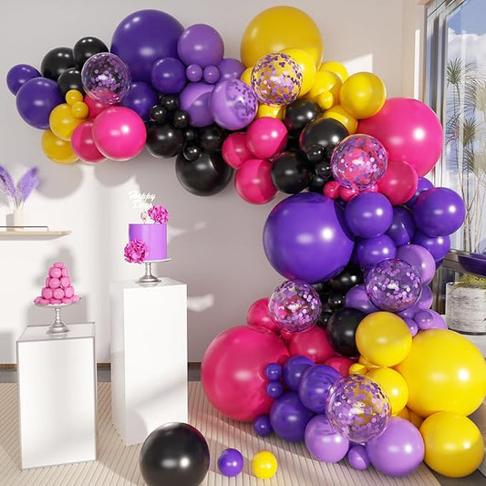 MEBAY Hot Pink Purple Black Yellow Baloon Garland Arch Kit, 146Pcs Latex Balloons Different Sizes 18 12 10 5 inch for Birthday Wedding Graduation Engagement Party Decorations