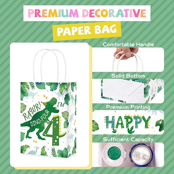 Grencian 16 Pcs Dinosaur 4th Birthday Party Favor Bags Roar Im Four Dinosaur Candy Treat Gift Goodie Bags with Handles Dino Four Year Old Birthday Decorations for Boys 4 Year Old Party Decorations Favors Supplies