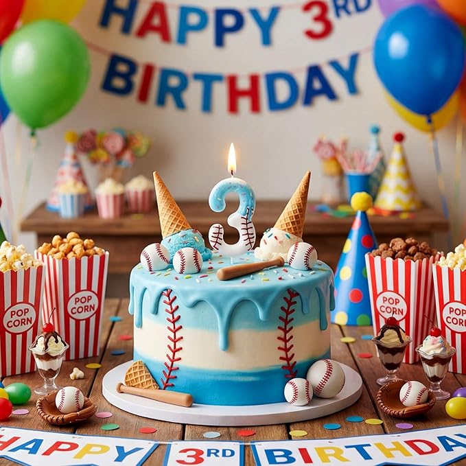 Conelist Ice Cream Drip Baseball Birthday Candle Number 3, Baseball Ice Cream Drip Birthday Cake Topper Candle Number 3 for Cake Sport Teams Theme Anniversary Celebration Party Decoration Favor Supply