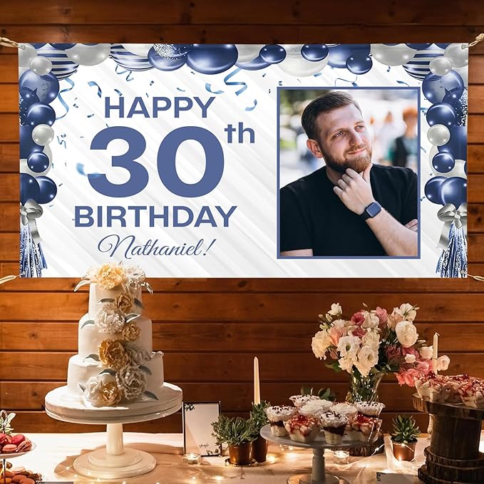 Custom Birthday Banner Personalized with Pictures and Name, Unique Backdrop Decoration for Husband or Him, Happy Birthday Party Banner for Men Women Celebrations