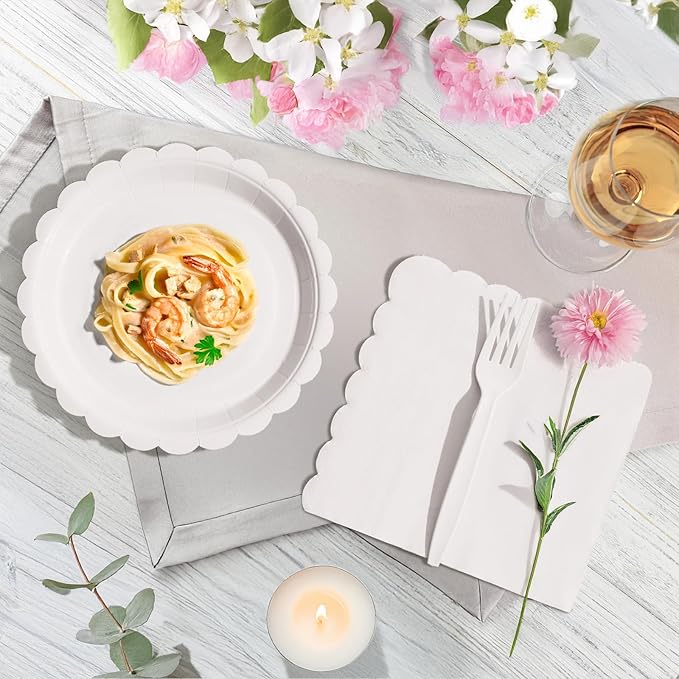 105PCS Paper Plates and Napkins Set, 7 Inch Scalloped Disposable Tableware with Forks for Birthdays, Garden Parties & Outdoor Events, Serves 35 (White)