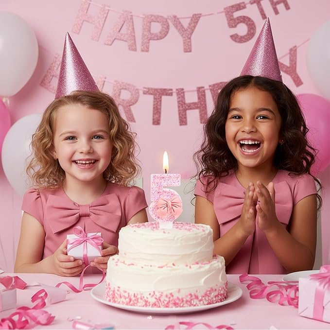 Number 5 Birthday Candle, Pink Bow Birthday Candles, Glitter Candle Cake Topper, Happy Birthday Cake Decoration Gifts, Anniversary Party Supplies for Girl