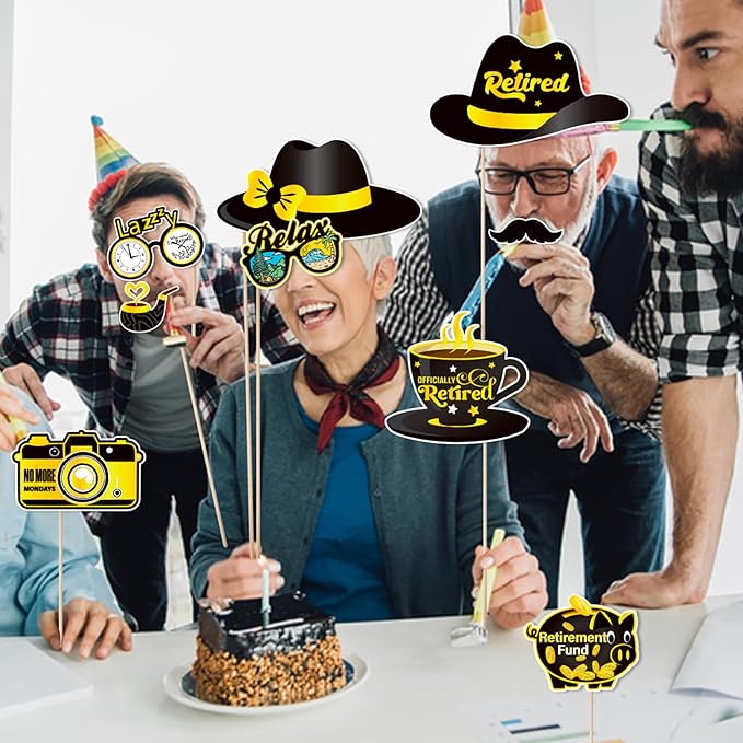 30 Pieces Retirement Photo Booth Props Happy Retirement Party Decorations Retirement Party Favors for Men Women Photobooth Kits with Sign for Party Decor Supplies (Dark Black&Yellow)