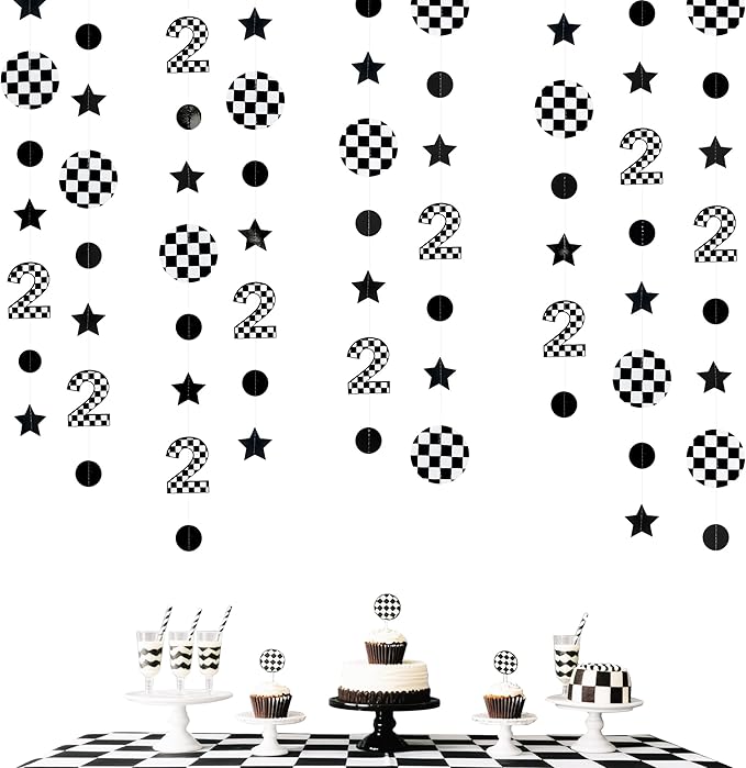 Two Fast Birthday Party Decorations Black & White Checkered 2nd Polka Dot Star Hanging Garland Banner for Checkered 2 Year Old Race Car 2 Fast 2 Curious Dirt Bike Birthday Decorations Supplies