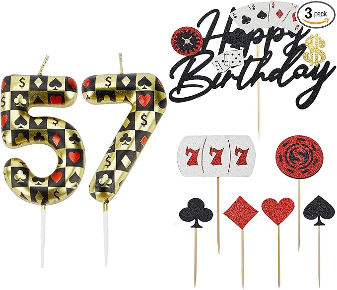 Casino Birthday Number Candles for Cake, Poker Birthday Candles for Casino Themed Birthday Party Decoration, Glitter Casino Birthday Cake Topper for Casino Night Theme Birthday Cake (Number 57 & 75)