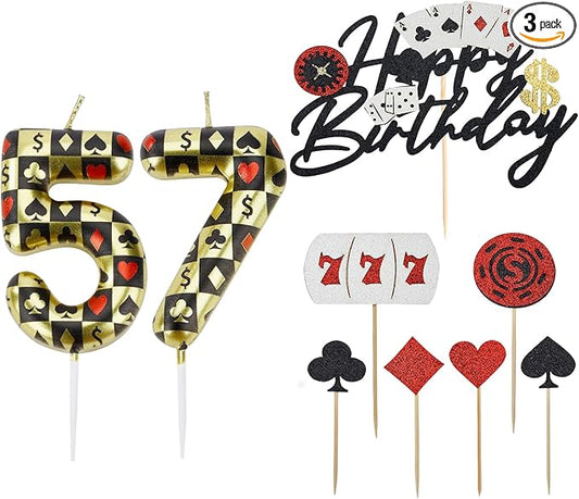 Casino Birthday Number Candles for Cake, Poker Birthday Candles for Casino Themed Birthday Party Decoration, Glitter Casino Birthday Cake Topper for Casino Night Theme Birthday Cake (Number 57 & 75)