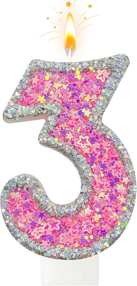 Number 3 Birthday Candle for Cake – Silver Glitter Edge with Pink Star Confetti – Decorative Number Cake Topper for Anniversary & Celebration Party Decor