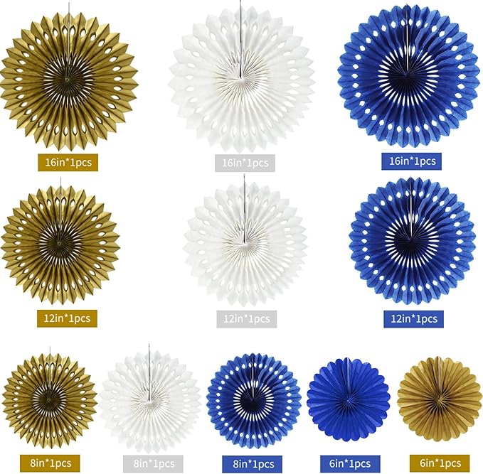 BEISHIDA Blue Gold White Hanging Honeycomb Round Paper Fans Decoration Set for New Year Graduation Birthday Wedding Bachelorette Baby Shower Backdrops Anniversary Paper Party Supplies（11packs）