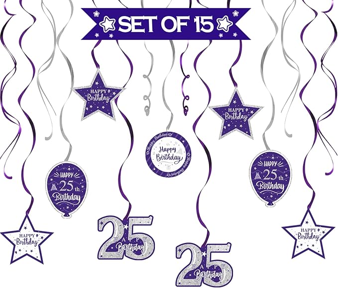 Happy 25th Birthday Purple & Silver Glitter Swirls Streamers Party Decorations - 15 Pcs 25th Birthday Hanging Swirls Streamers Kit,Perfect for 25th Bday Party Sign.