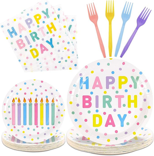 96 Pcs Pastel Birthday Party Supplies Disposable Tableware Set with Colorful Dot Design Include Paper Plates and Napkins Plastic Forks Pastel Birthday Decorations, Serve 24 Guests