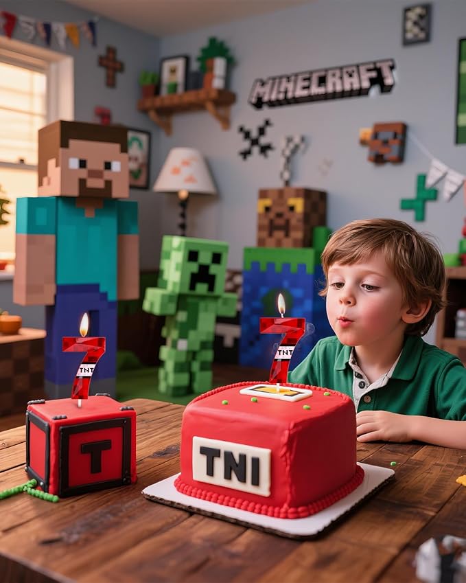 Number 7 Red Pixel Birthday Candle, TNT Themed Birthday Candles for Cake, 2.72 Inch Green Miner Number Candles, Game Themed Candle Birthday Decoration, Red Birthday Cake Topper for Boys Girls Party