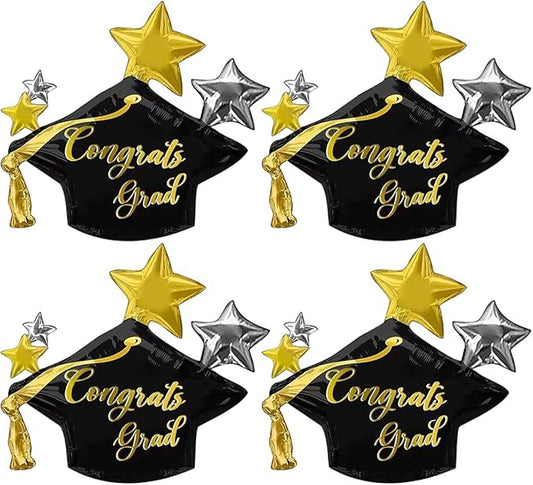 4Pcs Graduation Cap Balloons Big Congrats Grad Hat Foil Balloons for Class of 2026 Party Decorations